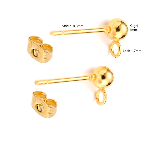 Ohrstecker Kugel 4mm mit Öse - Edelstahl gold farbig - 1 Paar